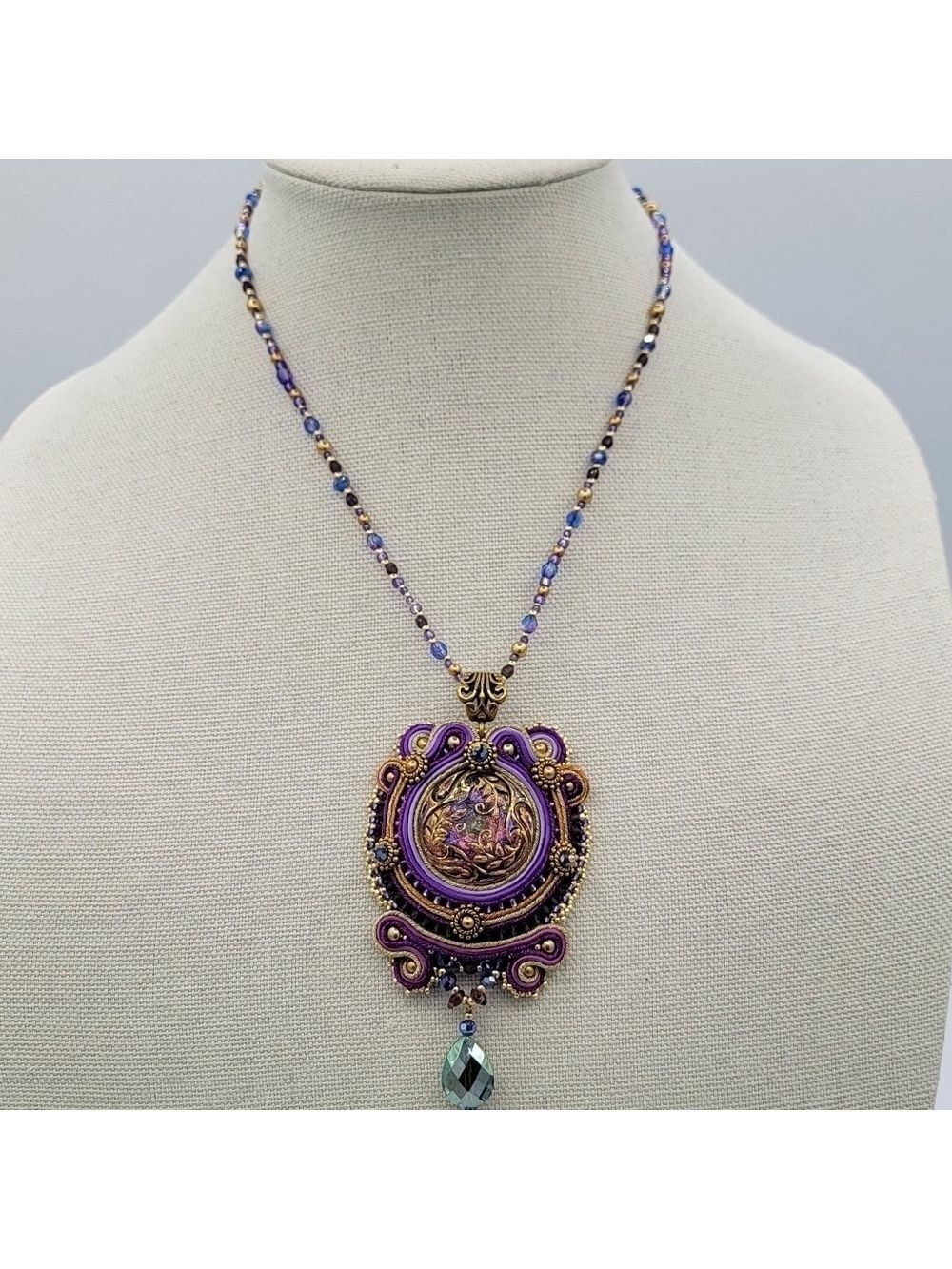 Pendant Necklace Czech Button Soutache #2077